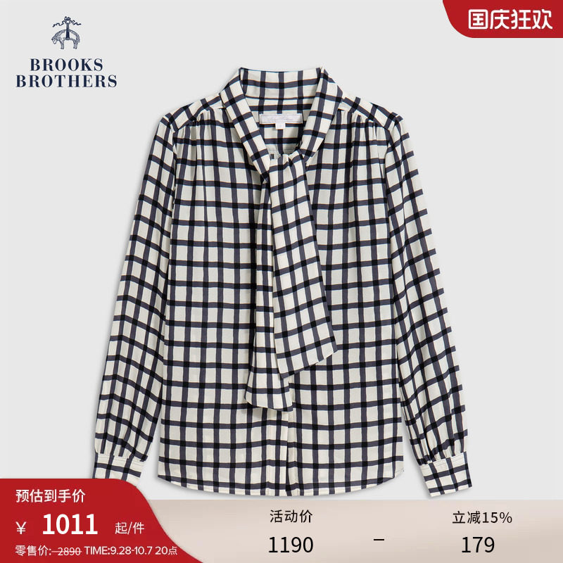 Brooks Brothers/布克兄弟女士春夏绑带格纹垂坠摩登复古衬衫