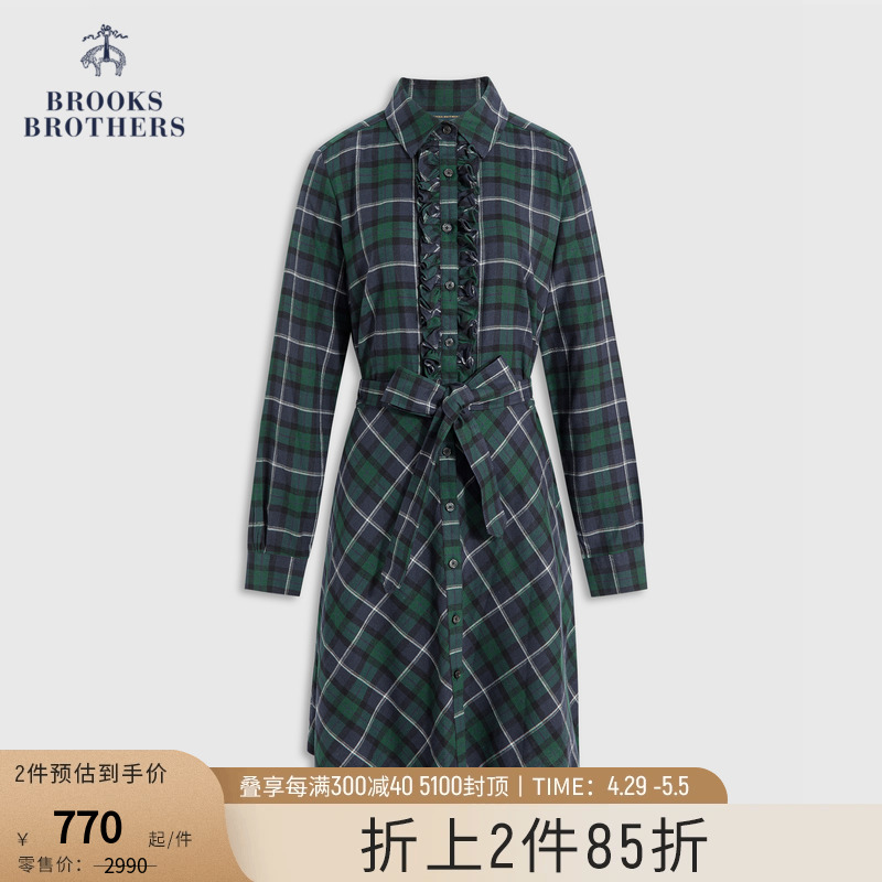 Brooks Brothers/布克兄弟女士秋冬纯棉翻领格纹收腰连衣裙