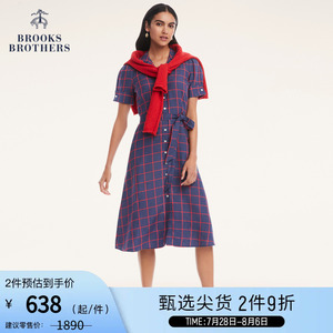 Brooks Brothers/布克兄弟女士新款复古格纹收腰短袖衬衫连衣裙