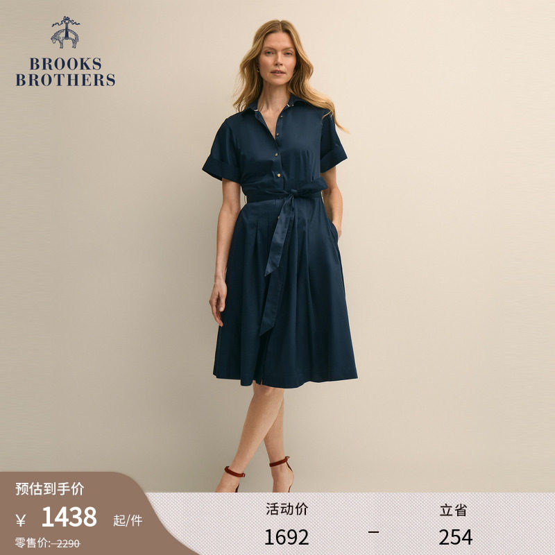 Brooks Brothers/布克兄弟女士26春夏新品纯色金色纽扣衬衫连衣裙