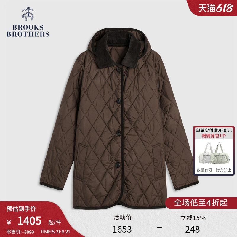 Brooks Brothers/布克兄弟女士秋冬新品菱格绗缝连帽长款棉服