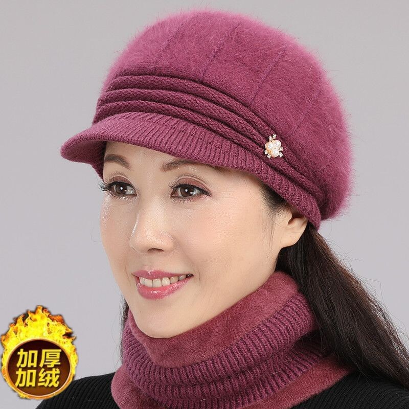 秋冬季中老年人兔毛妈妈毛线帽老太太老人帽子女冬天加绒保暖奶奶