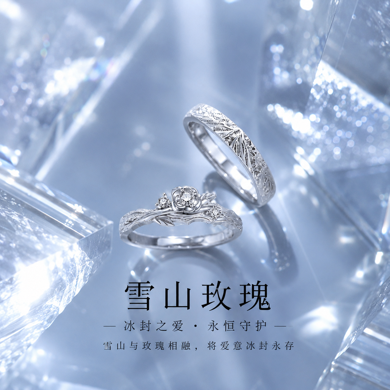 雪山玫瑰999银情侣戒指高级小众设计男女开口戒送女友情人节礼物