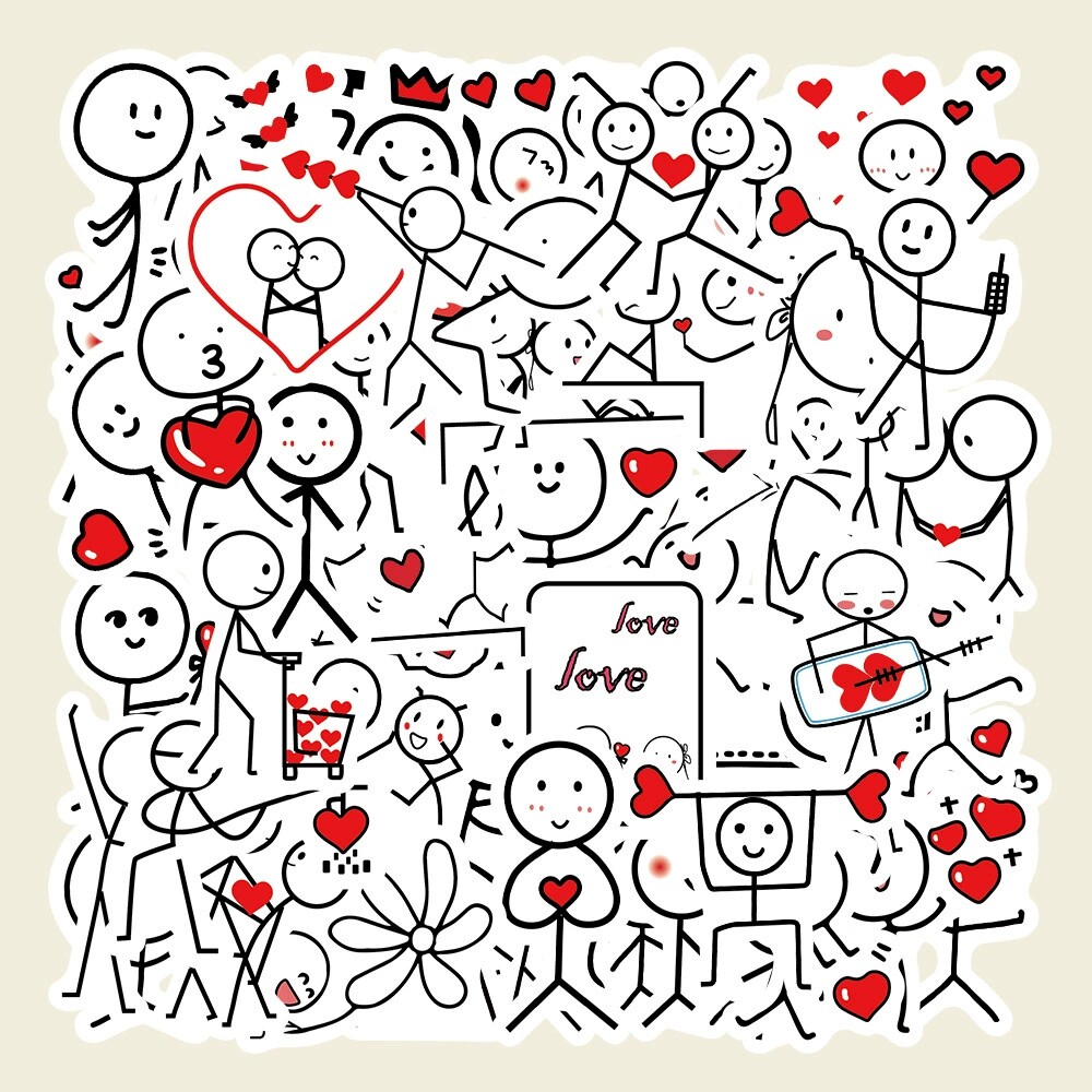 50张卡通火柴人贴纸情侣爱心装饰笔记本电脑吉他滑板水杯防水贴画