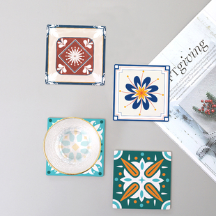 复古花砖素烧陶瓷吸水速干垫子硅藻泥土软木垫仿瓷砖防烫隔热杯垫