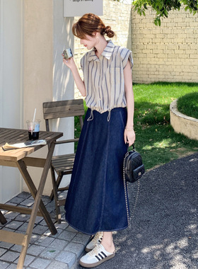 实拍韩系松弛感条纹衬衫套装裙女夏季2026年新款牛仔半身裙两件套