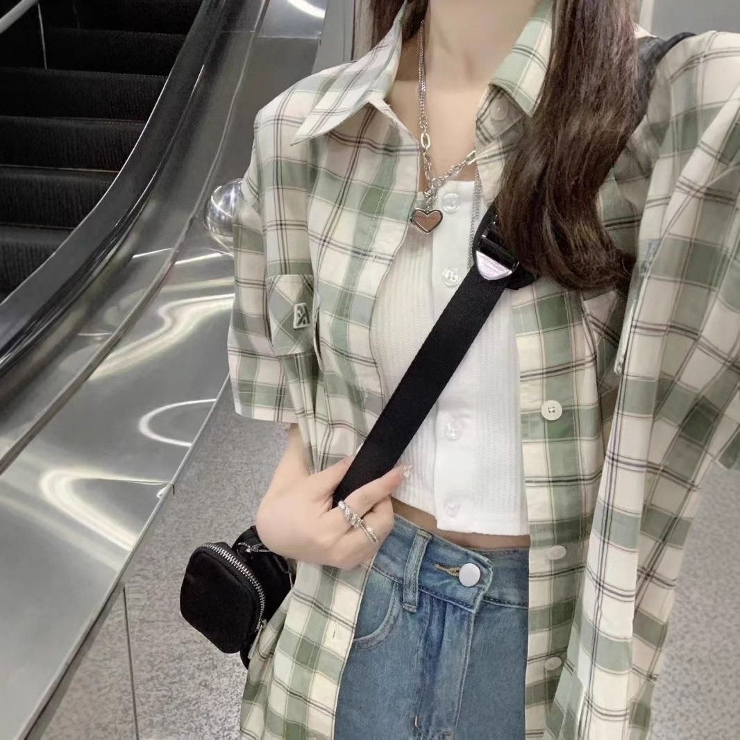 设计感小众格子短袖衬衫2026新款女夏季小个子防晒polo领上衣外套