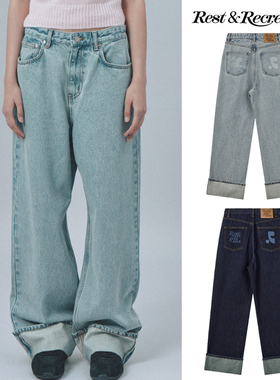 韩国rest潮牌印花卷边直筒休闲裤RR牛仔裤女春夏新andrecreation