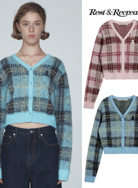 韩国潮牌rest加绒加厚格子RR羊毛开衫修身短款春秋andrecreation