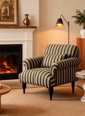 美式乡村风条纹单人沙发椅客厅实木万字纹丝织物复古家具