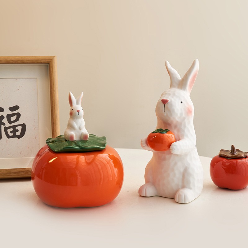 新中式陶瓷兔子柿子摆件