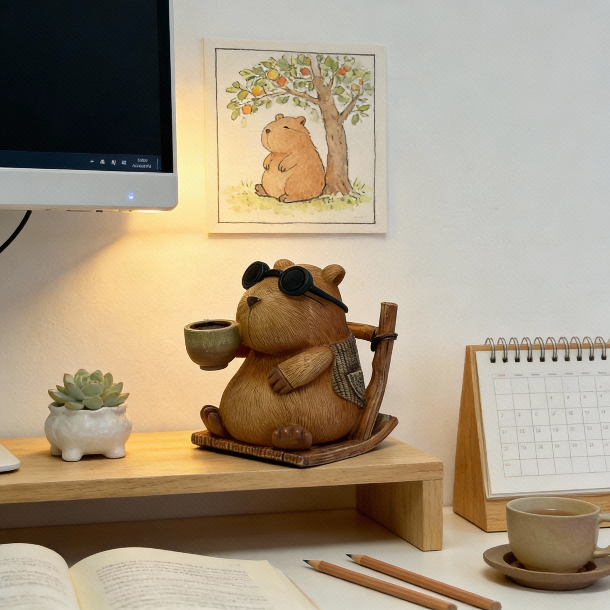 中古风卡皮巴拉摆件仿木雕桌面手创意茶桌办公室装饰品小众治愈系