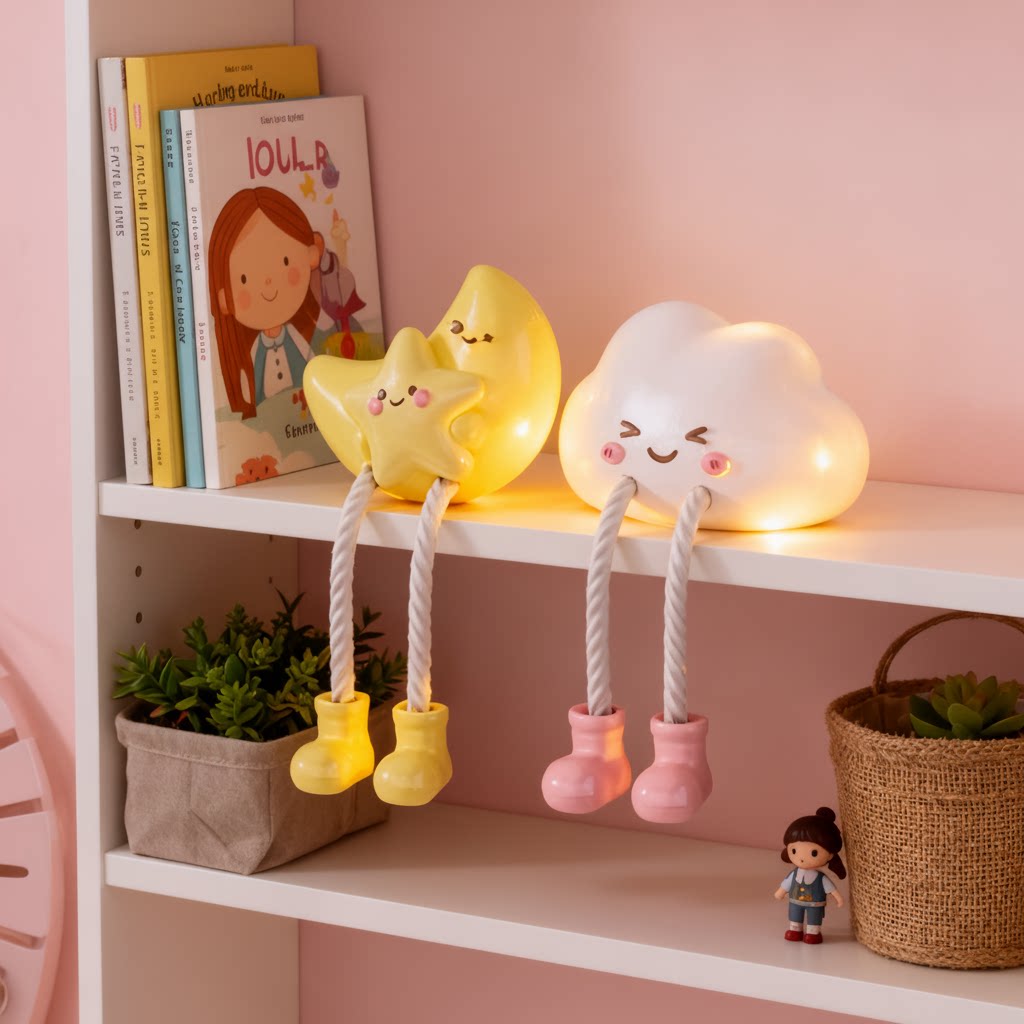 卡通可爱风星星月亮云朵树脂摆件LED灯光儿童房桌面装饰