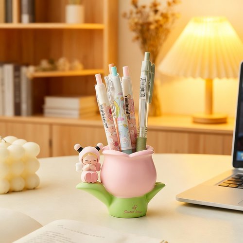 可爱卡通花朵树脂免安装笔筒摆件