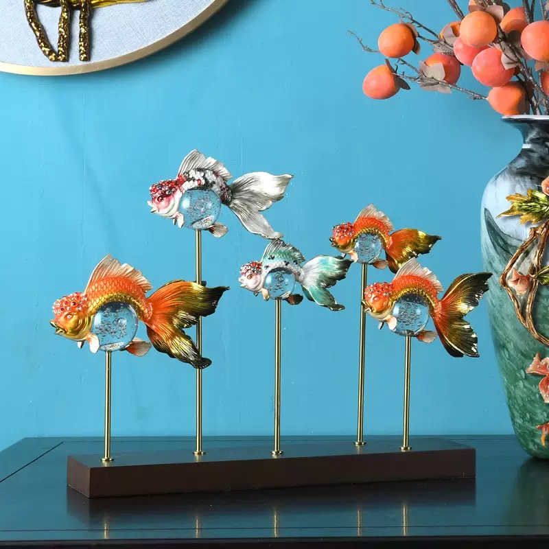 新中式电镀实木底座金鱼摆件