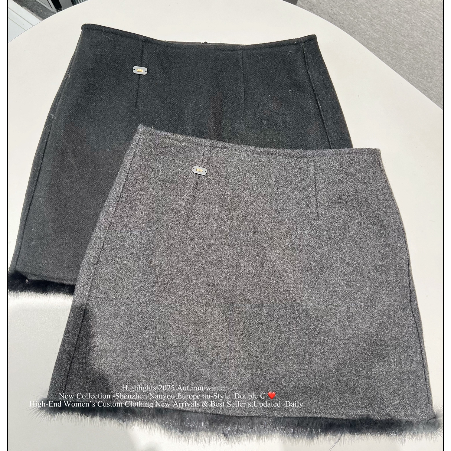 2025冬新毛呢拼接水貂毛边短裙女