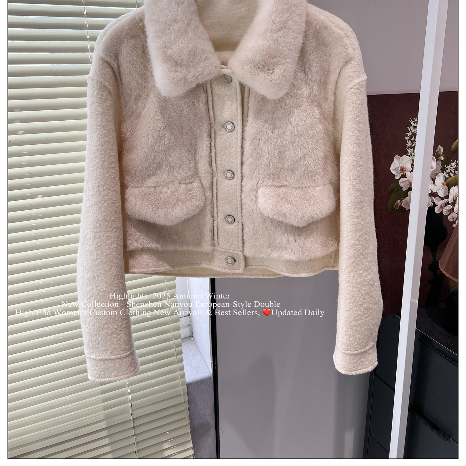 双C高端女装定制2025冬季新水貂毛领拼接短款外套保暖羊毛绒上衣,女装/女士精品,短外套,淘宝优惠券,粉丝福利购,淘宝优惠卷