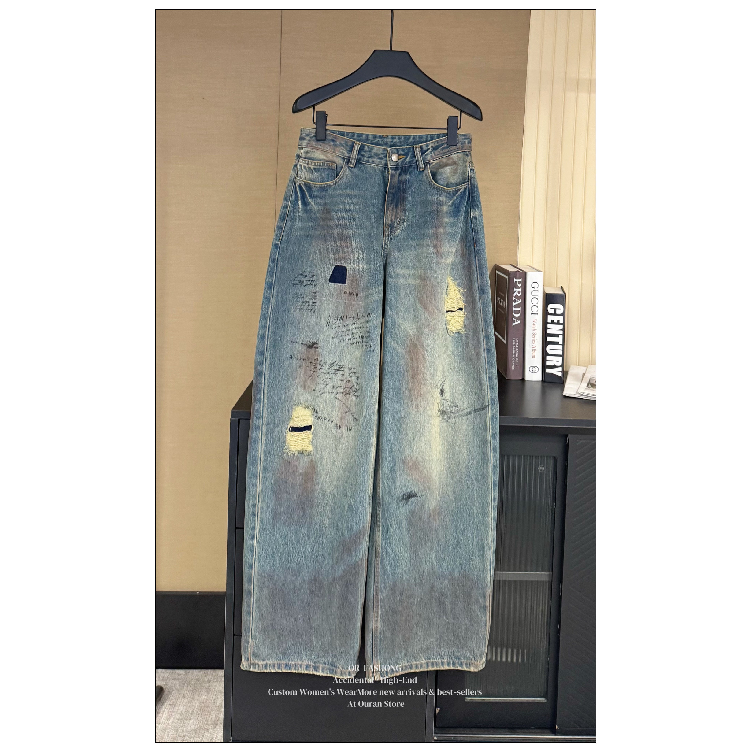 OR女装冬季新品做旧直筒牛仔裤