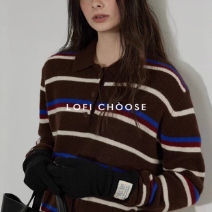 Lofi choose 撞色POLO领条纹针织衫毛衣女春季新款高级感百搭上衣