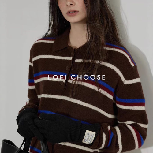 Lofi choose 撞色POLO领条纹针织衫毛衣女春季新款高级感百搭上衣