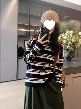 美洋meiyang 三色堇针织衫 真丝羊绒混纺|条纹宽松圆领长袖上衣