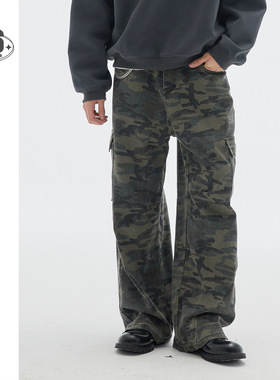 美式复古VIBE迷彩口袋工装裤男女秋季水洗直筒潮休闲裤