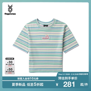 个性 条纹设计圆领短款 夏季 短袖 T恤00563XM 新品 fingercroxx女装