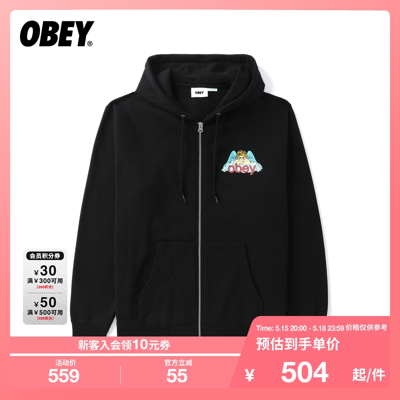 OBEY男女同款春季美式学院天使印花拉链抽绳连帽卫衣53561XXL