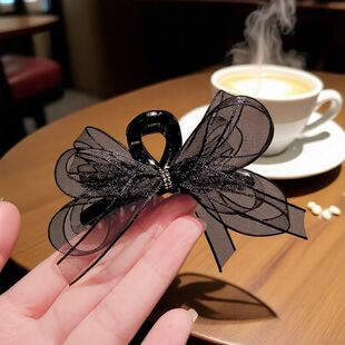 高级感黑色蝴蝶结网纱发夹小号刘海头饰侧边夹子发抓公主抓夹新款