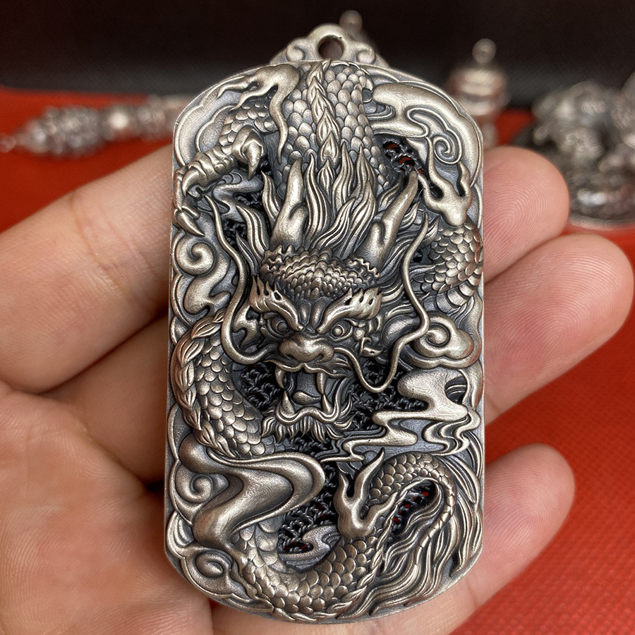 龙腾四海纯银吊坠镂空生肖龙大尺寸项链男女复古霸气银饰钥匙扣