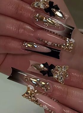 24pcs Long Square Press on Nails Wearable Butterfly Diamond