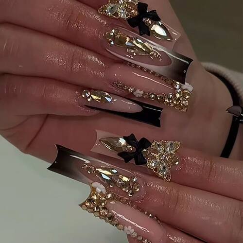 24pcs Long Square Press on Nails Wearable Butterfly Diamond