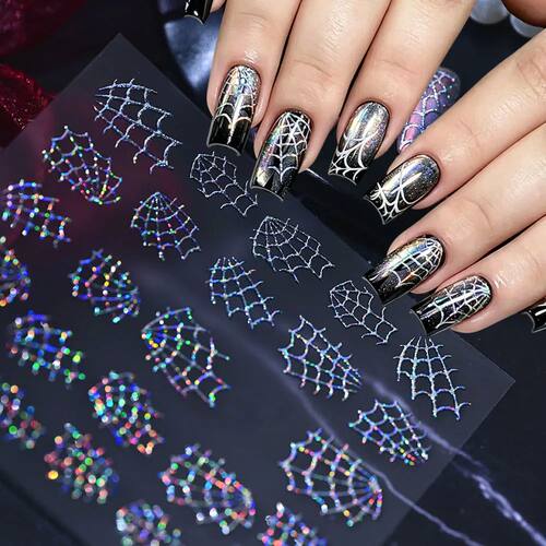 1sheet 3D Holographic Glitter Spider Web Nail Stickers Hallo