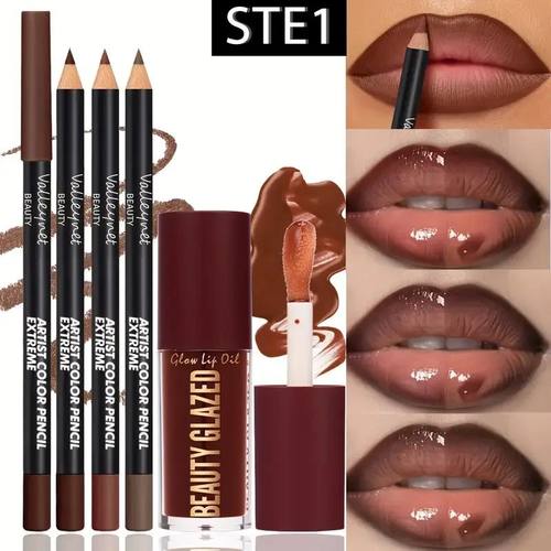 4pcs Dark Brown Lip Kit - Lip Liner + Lip Glaze, Waterproof