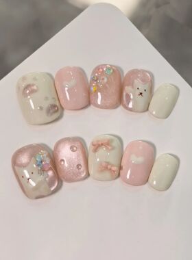 10pcs Handmade Press-On Nails Set - Cute Cat Bow Tie Love De