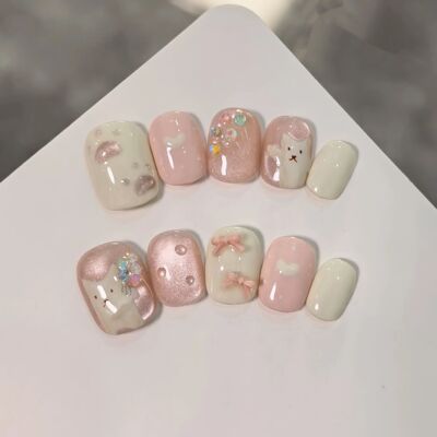 10pcs Handmade Press-On Nails Set - Cute Cat Bow Tie Love De