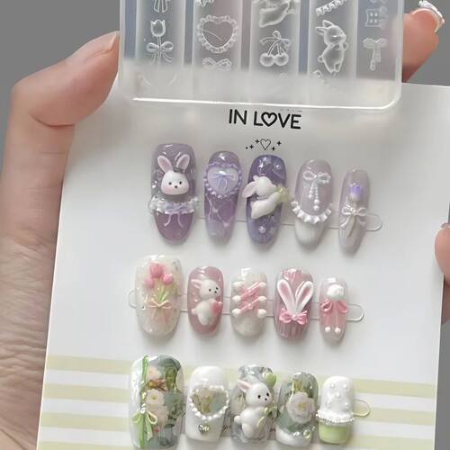 1PC Silicone Nail Art Mold Cartoon Lace Bow Rabbit Cute Bear