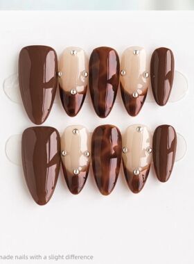 10pcs Handmade Brown Nude Leopard  french tips Press on Nail