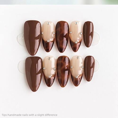 10pcs Handmade Brown Nude Leopard  french tips Press on Nail