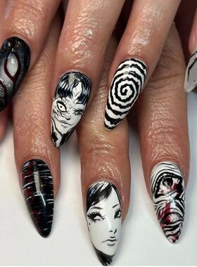 24Pc Almond Pointed Kawakami Tomie Press on Nails Wearable P