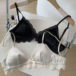 Style Triangle Cup Bow Lace Bra for Women Small Chest Satin