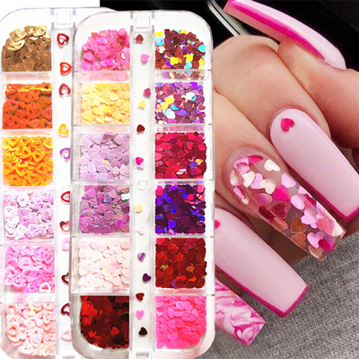 12 Grids/box Laser Love Heart Butfly Nail Sequ Mixed Color S