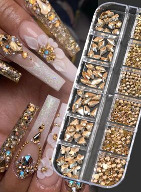 1000Pcs/box Champagne Gold Diamond Nail Crystal Mixed-Design