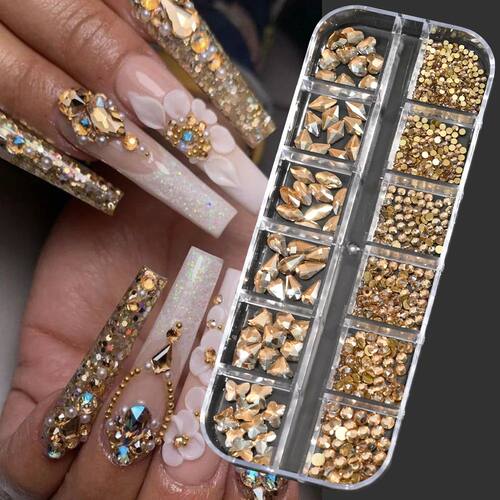 1000Pcs/box Champagne Gold Diamond Nail Crystal Mixed-Design