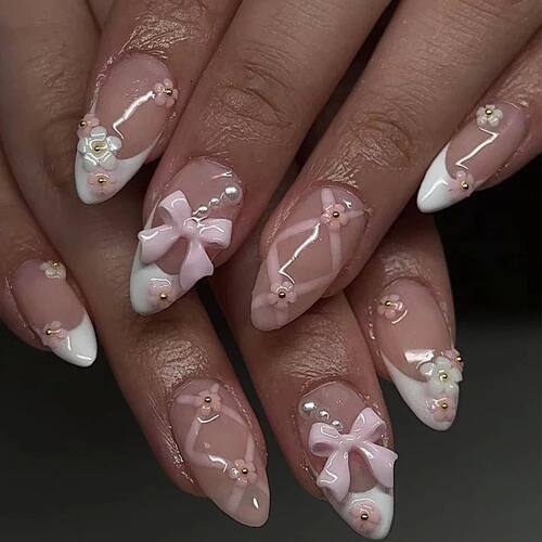 24Pcs Almond Press on Fake Nails Long French False Nails wit