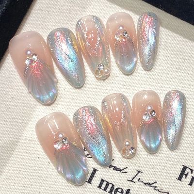 Handmade Press on Nails Blue Aurora Mermaid Fake Nail Patche