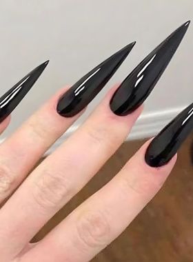 24Pcs Cool Pure Black Long Fake Nails Pointed Tips False Nai