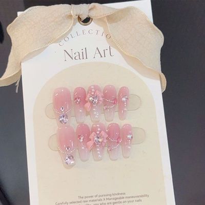 10pcs Handmade Press On Nails Gradient Pink Fake Nail With 3