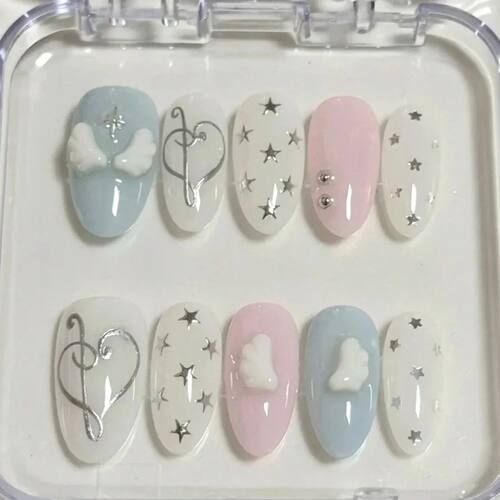 10 pieces of hand-pressed almond-shaped nails, beautiful fak