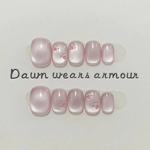 10Pcs Pink Cat Eye Handmade Short Round Press On Nails Full